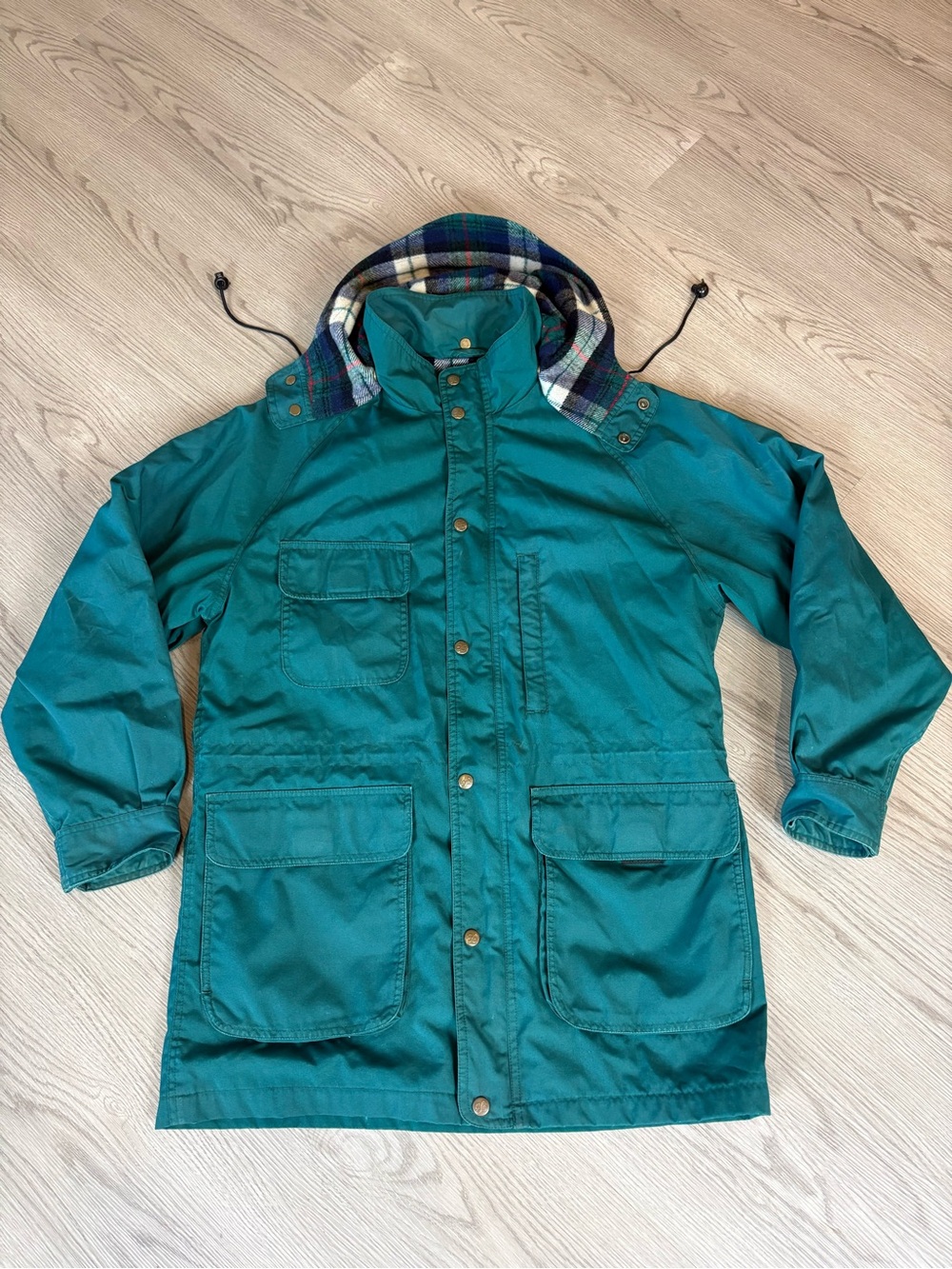 Eddie Bauer Teal Hooded Kids Raincoat with Plaid Lining